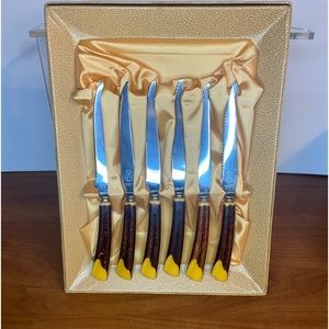 Glo-Hill Faux Antler S/S Steak Knives VTG (6)